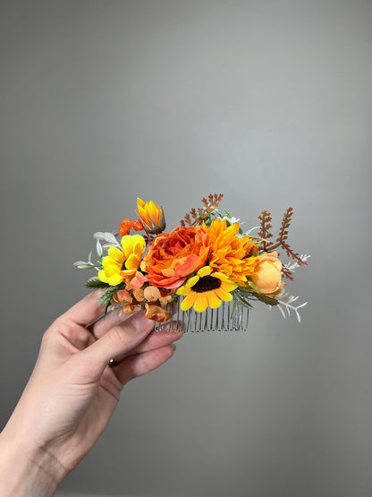 Sunflower Comb Floral Wedding Head Piece Hair Comb Sunflower Bridal Burnt Orange Hair Accessories Orange Hair Comb Artificial Flower