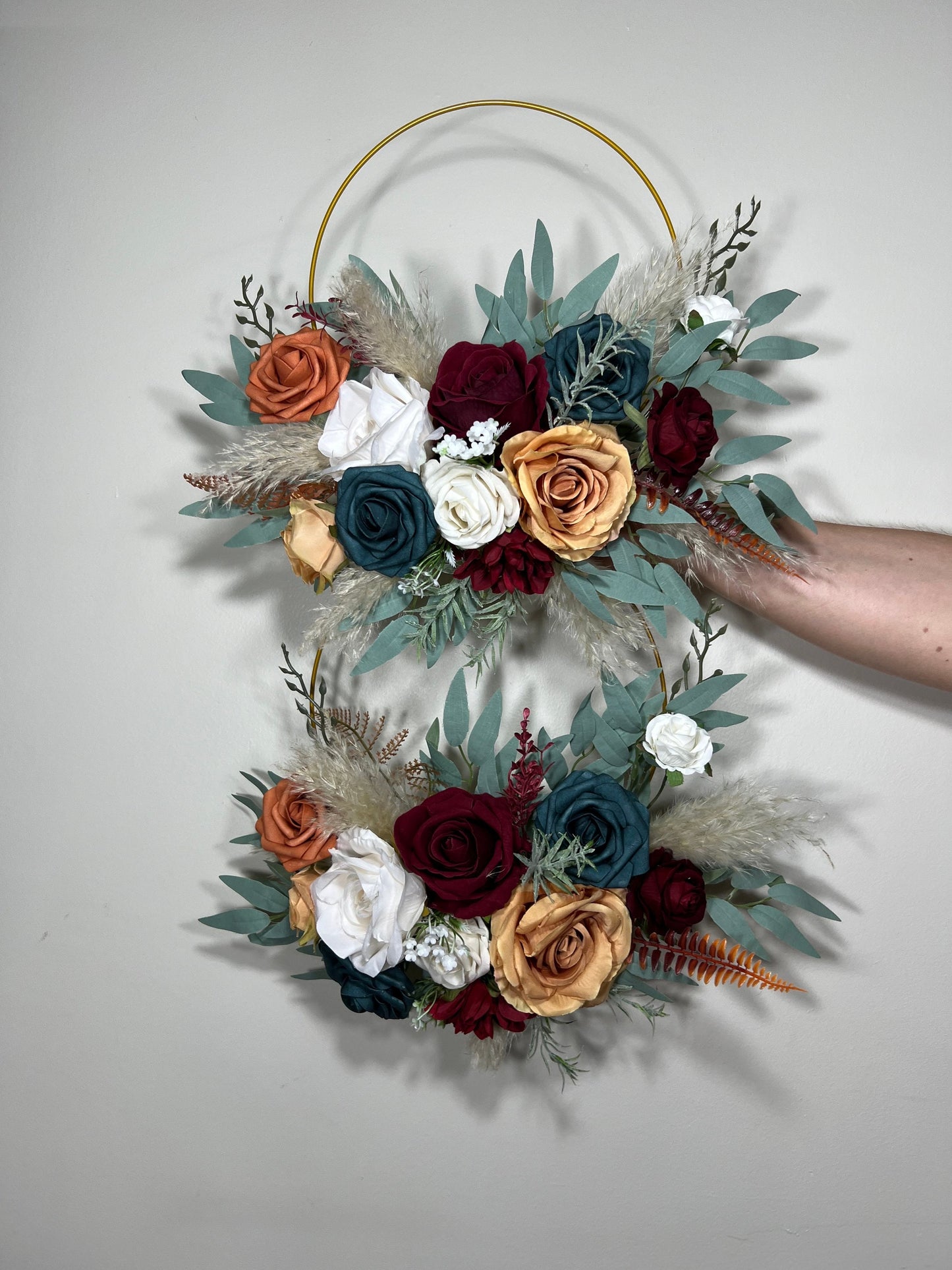 Floral Hoop Burgundy Wedding Bridal Hoop White Bridesmaids Ring Dark Teal Wreath Flower Girl Teal Orange Artificial Flower Terracotta Hoop