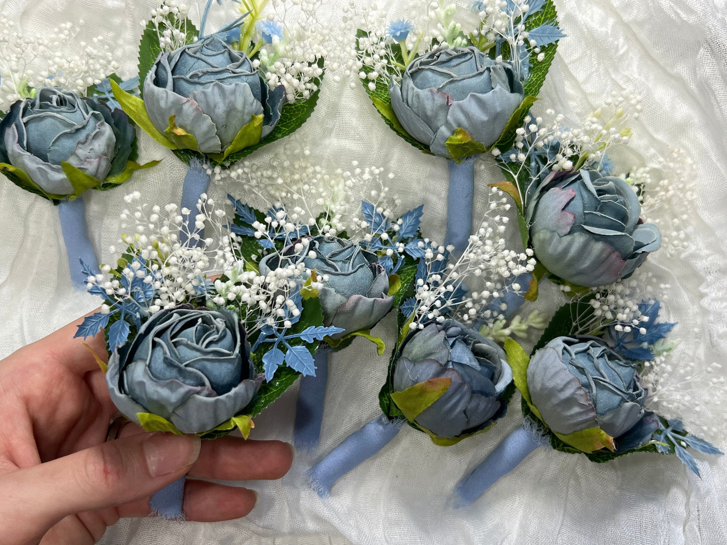 Wedding Boutonniere Dusty Blue Groom Wedding Groomsmen Boutonnière Blue Artificial Flowers Dusty Blue Peony Classic Boutonniere Baby Breath