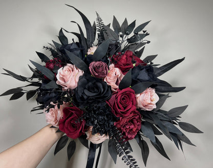 Black Bouquet Wedding Burgundy Bridal Bouquet Gothic Dusty Rose Halloween Bouquet Black Bridesmaids Bouquet Black Burgundy Artificial Flower