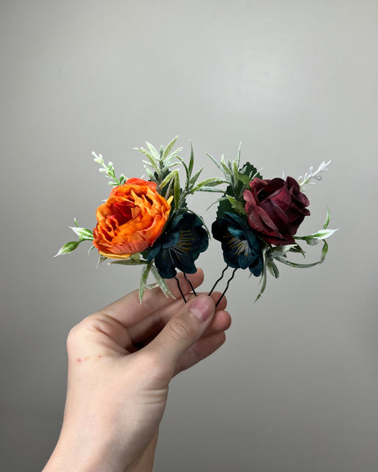 Dark Teal Hair Pin Wedding Burgundy Flower Girl Headpiece Burnt Orange Floral Bridesmaids Hair Pin Orange Dark Teal Accessories Hair Pin