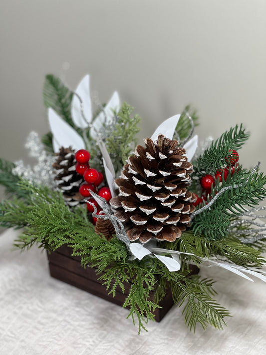 Christmas Centerpiece Decor Table Christmas Centerpiece Wedding Table Centerpiece Silver Pine Cone with Wood Box Winter Gift Christmas