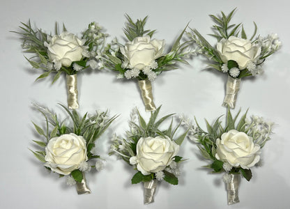 White Boutonniere Wedding Groom Ivory Groomsmen Boutonnière Ivory Artificial Flowers Eucalyptus White Rose Classic Boutonniere