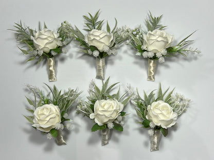 White Boutonniere Wedding Groom Ivory Groomsmen Boutonnière Ivory Artificial Flowers Eucalyptus White Rose Classic Boutonniere