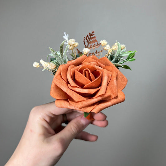 Rust Boutonniere Wedding Groom Burnt Orange Boutonnière Terracotta Groomsmen Boutonnière Rust Orange Groom Artificial Flowers Foam