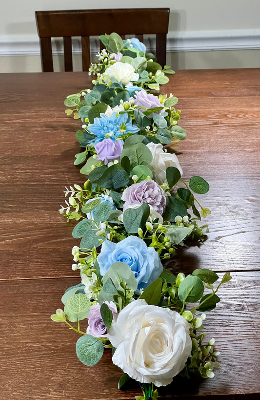 White Garland Wedding Table Runner Aisle Arrangement Arch Purple Silver Dollar Ivory Eucalyptus Decoration Blue Table Runner Greenery