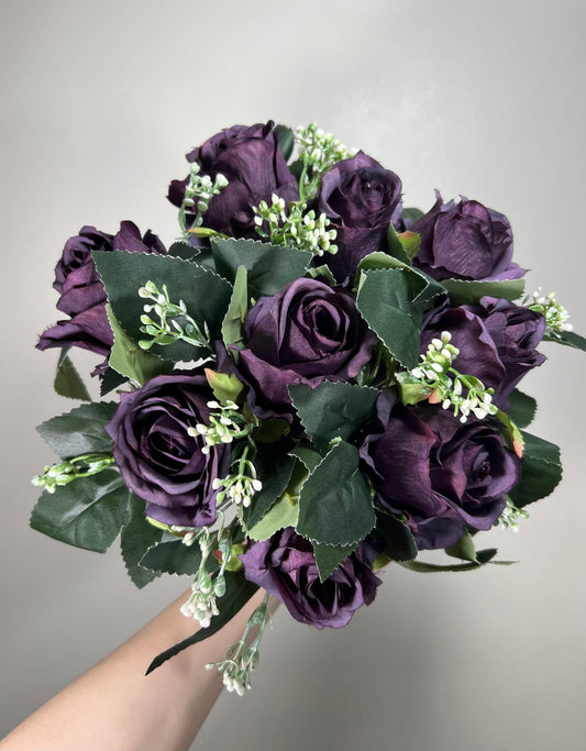 Dark Purple Flower Head Rose Plum Dark Purple Wedding Fake Roses Purple Stem Home Decor Plum Flower Head Artificial Wedding Supplies Craft