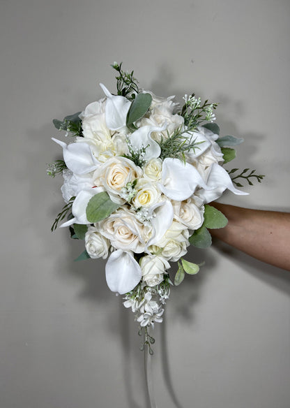 White Cascade Bouquet Bridal Ivory Bouquet Casacding Calla Lily Bouquet Greenery Calla Lily Bridesmaids White Bouquet Artificial Flowers