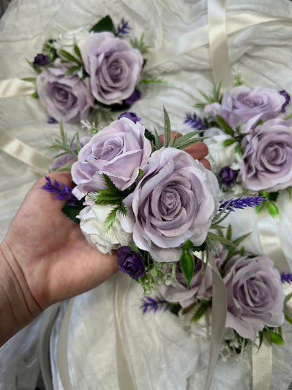 Purple Corsage Wedding Wrist Corsage Lilac Bridesmaids White Corsage Ivory Mom Corsage Lavender Boutonnière Artificial Flowers