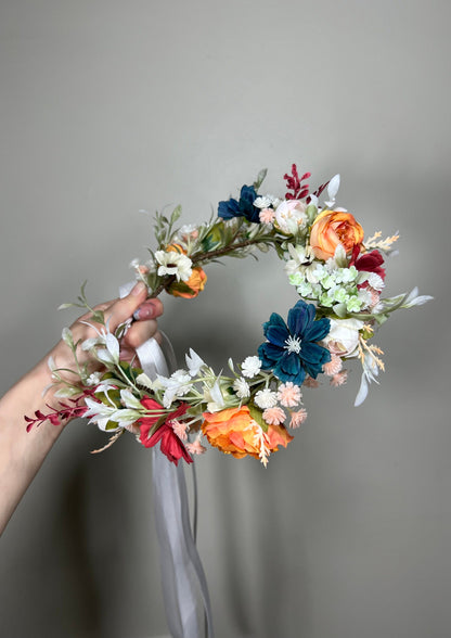 Dark Teal Flower Crown Wedding Bridal Floral Headband Burnt Orange Teal Adult Crown Decor Terracotta Wreath Bridal Crown Children Burgundy Hair Accessory