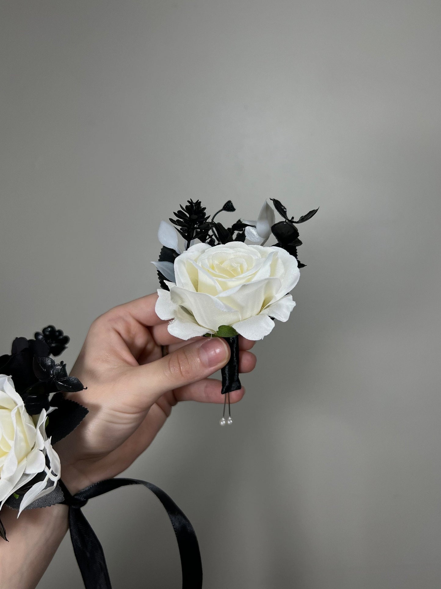 Black and White Corsage Wedding Ivory Corsage Wrist Black White Bridesmaids Black Corsage Mom White BoutonniereBlack