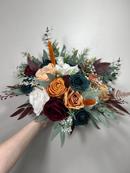 Dark Teal Bouquet Bridal White Terracotta  Burgundy Bridesmaids Bouquet Burnt Orange Teal Rust Ivory Artificial Flowers