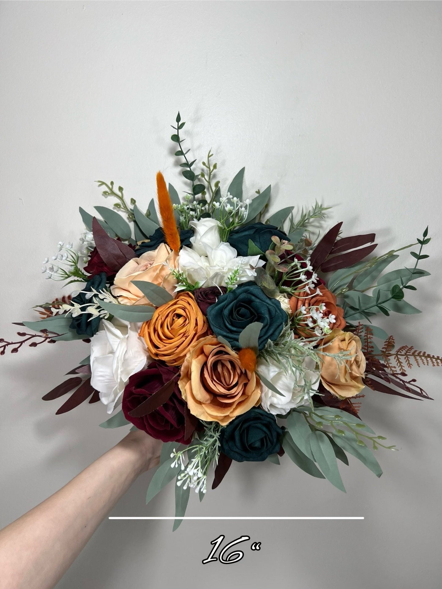 Dark Teal Bouquet Bridal White Terracotta  Burgundy Bridesmaids Bouquet Burnt Orange Teal Rust Ivory Artificial Flowers