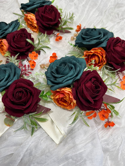Dark Teal Pocket Boutonniere Wedding Groom Boutonnière Square Teal Burnt Orange Groomsmen Teal Burgundy Boutonniere Rust Dark Teal