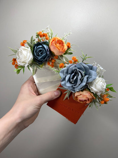 Dusty Blue Orange Corsage Wedding Blue Terracotta Wrist Corsage Dusty Blue Burnt Orange Corsage Bridesmaids White Blue Orange Mom Corsage