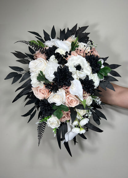 Black Bouquet Cascade White Bridal Gothic Cascading Bouquet Black Dusty Rose Bridesmaids Black Bouquet Ivory Anemone Artificial Flower