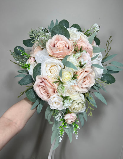 White Cascade Bouquet Bridal Ivory Bouquet Casacding Blush Bouquet Greenery Pink Bridesmaids White Bouquet Sage Artificial Flowers