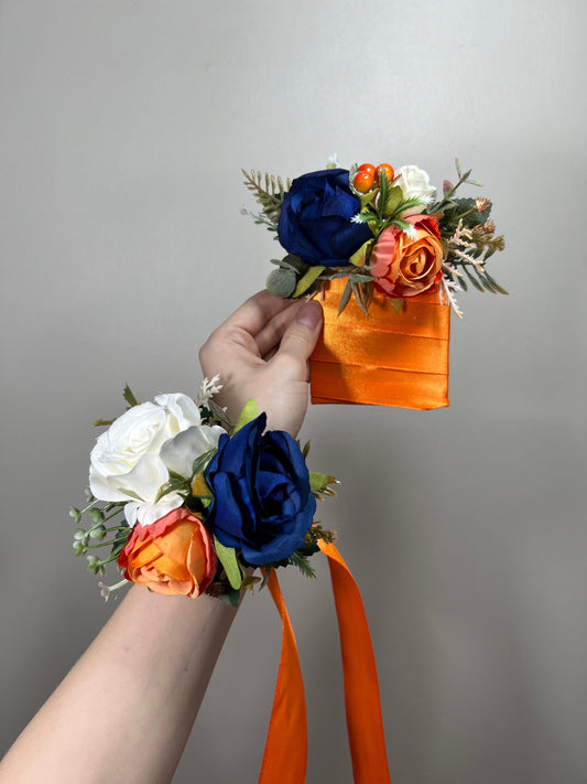 Blue Orange Corsage Wedding Royal Blue Corsage Orange Mom Corsage White Burnt Orange Corsage Ivory Artificial Flowers