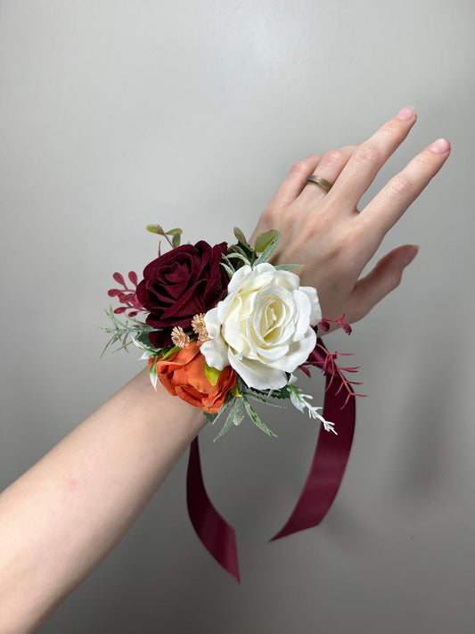 Burgundy Corsage Wedding Wrist Corsage White Terracotta Bridesmaids Corsage Burgundy Orange Corsage Mom Ivory Corsage Rust Pocket Boutonniere