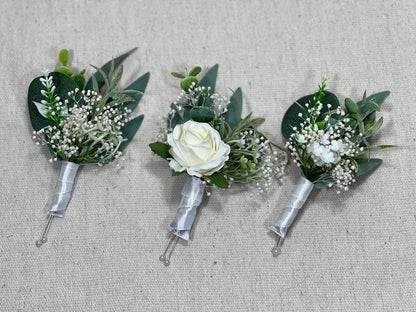 White Boutonniere Wedding Groom Baby Breath Groomsmen Boutonnière Ivory Eucalyptus White Rose Greenery Boutonniere Sage Artificial Flowers