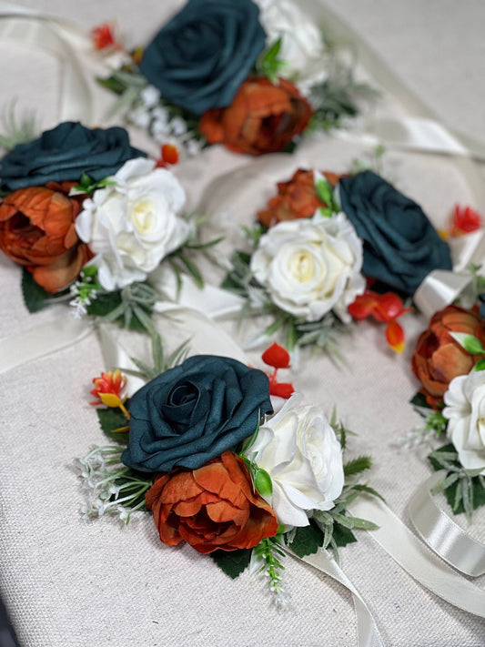 Dark Teal Corsage Wedding Teal Corsage Terracotta Mom White Corsage Teal Rust Corsage Burnt Orange White Artificial Flowers