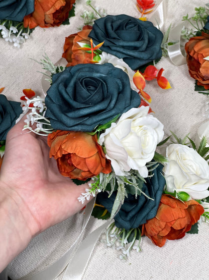 Durk Teal Corsage Wedding Teal Corsage Terracotta Mom White Corsage Teal Rust Corsage Burnt Orange White Artificial Flowers