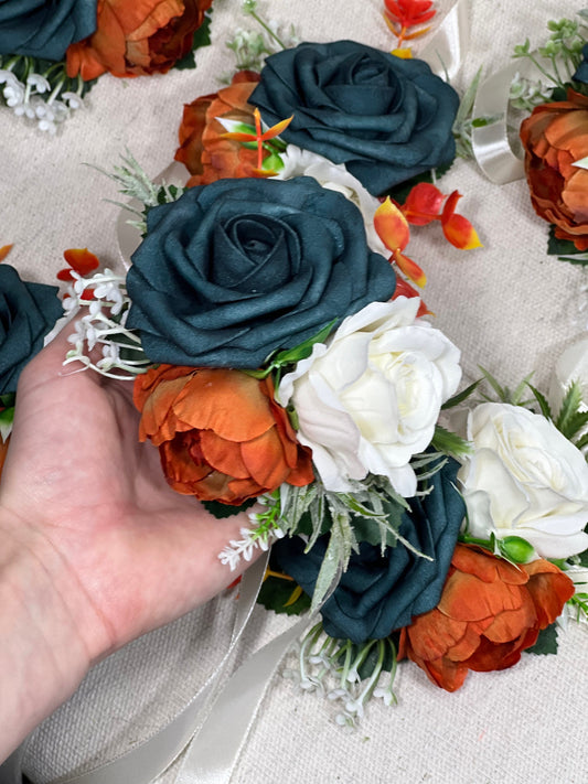 Dark Teal Corsage Wedding Teal Corsage Terracotta Mom White Corsage Teal Rust Corsage Burnt Orange White Artificial Flowers