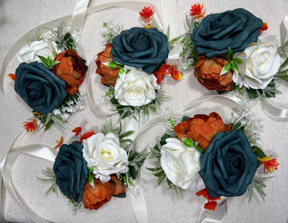 Dark Teal Corsage Wedding Teal Corsage Terracotta Mom White Corsage Teal Rust Corsage Burnt Orange White Artificial Flowers