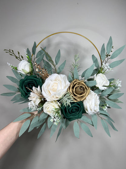 Emerald Green Gold Wedding Hoop White Ivory Hoop Hunter Green Bridesmaids Ring Wreath Flower Girl Hoop Dark Green Gold Flower Hoop