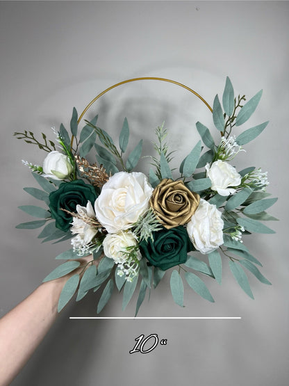 Emerald Green Gold Wedding Hoop White Ivory Hoop Hunter Green Bridesmaids Ring Wreath Flower Girl Hoop Dark Green Gold Flower Hoop