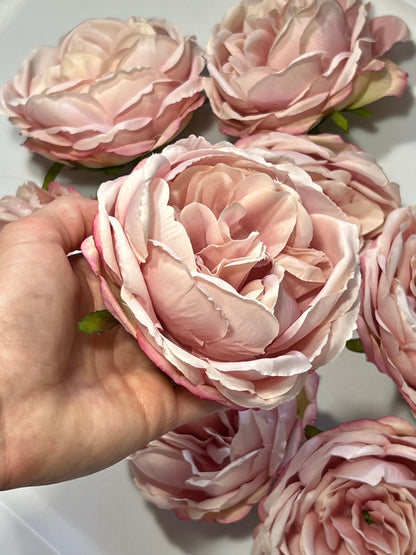 Pink Peony Artificial Flowers 4” Head Rose Blush Cabbage Rose Dusty Wedding Fake Roses Pink Home Decor Silk Decorative Wedding