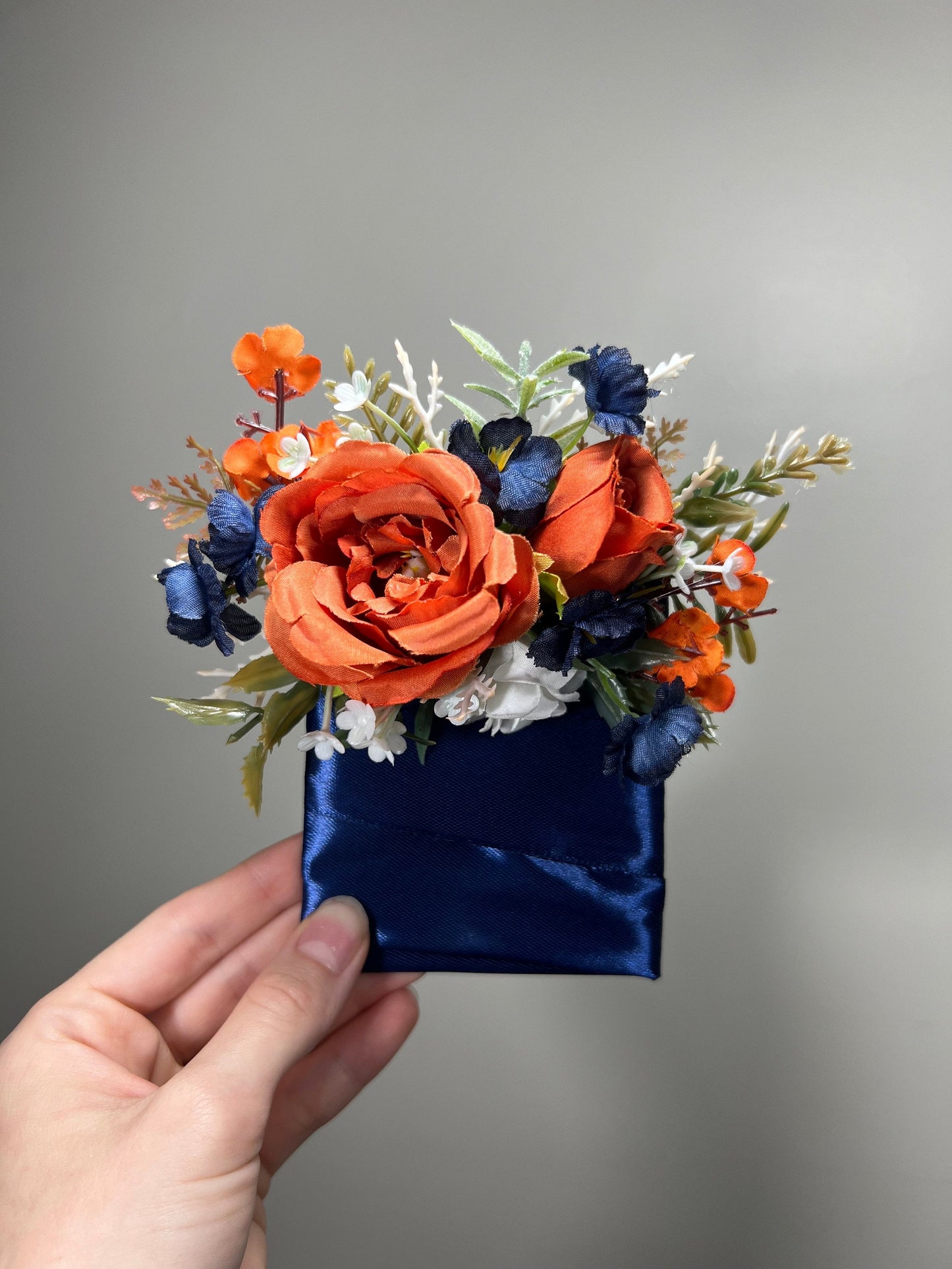 Orange Navy Blue Wrist Corsage, Terracotta Dark Blue Bridesmaid Flower, Rustic Burnt Orange Fall Wedding Corsage