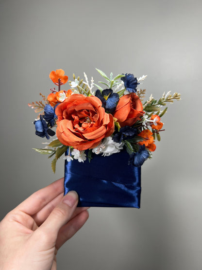 Orange Navy Blue Wrist Corsage, Terracotta Dark Blue Bridesmaid Flower, Rustic Burnt Orange Fall Wedding Corsage