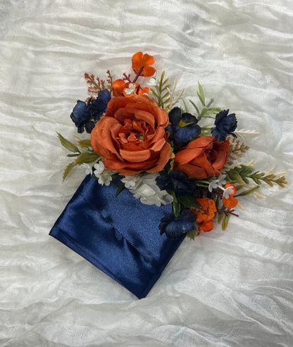 Orange Pocket Boutonniere Wedding Groom Boutonnière Square Burnt Orange Navy Blue Groomsmen Terracotta Navy Blue Boutonniere Rust