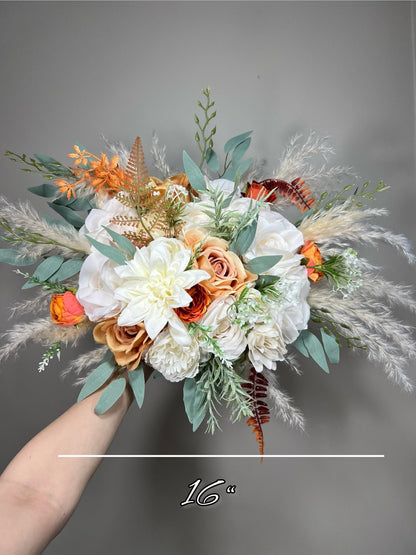 Orange White Bouquet Wedding Bridal Terracotta Boquet Rust Burnt Orange Bridesmaids Ivory Bouquet Pampas Grass Eucalyptus Orange White