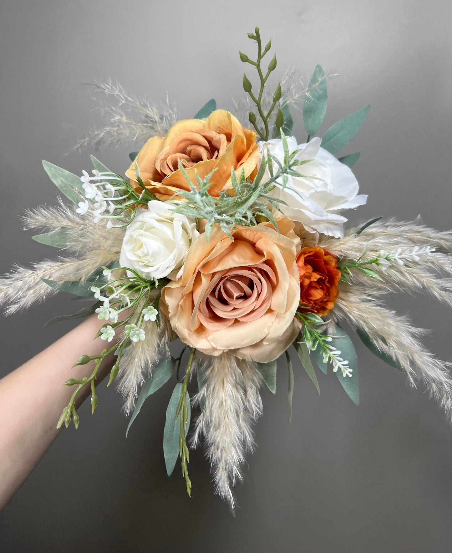 Orange White Bouquet Wedding Bridal Terracotta Boquet Rust Burnt Orange Bridesmaids Ivory Bouquet Pampas Grass Eucalyptus Orange White