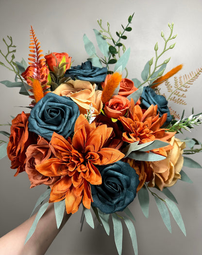 Dark Teal Bouquet Wedding Bridal Terracotta Bridesmaids Orange Bouquet Dark Teal Rust Artificial Flowers Bouquet Burnt Orange Teal