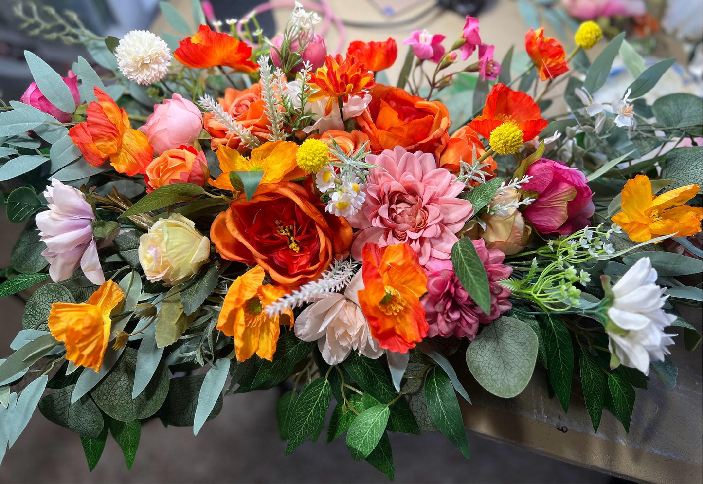 Orange Arch Arrangement Wedding Pink Wedding Arrangement Arch Yellow Colorful Centerpiece Aisle Decor Wild Flower Summer Spring Hot Pink