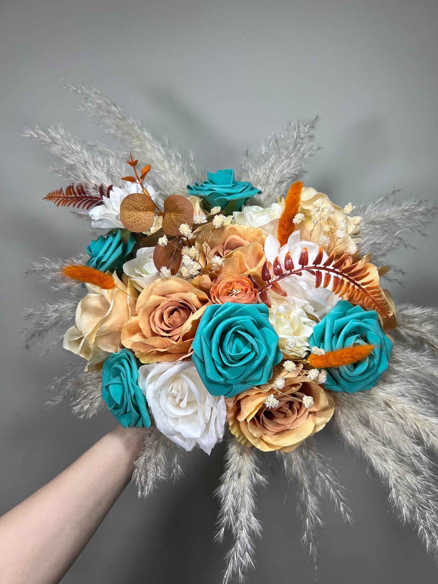 Wedding Turquoise Bouquet Terracotta Boho Bridal Rust Wedding Teal Cascading Bouquet Burnt Orange Teal Decor Artificial Flower Fall