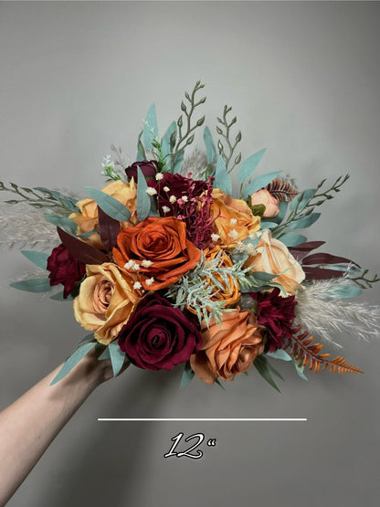 Orange Burgundy Bouquet Bridal Terracotta Cascade Bouquet Bridesmaids Rust Burgundy Burnt Orange Bouquet Fall Eucalyptus Pampas Grass