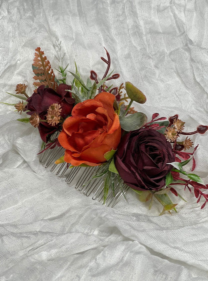 Hair Comb Terracotta Burgundy Wedding Barrette Rust Burgundy Hair Clip Decor Bridal Orange Hair Comb Artificial Flowers