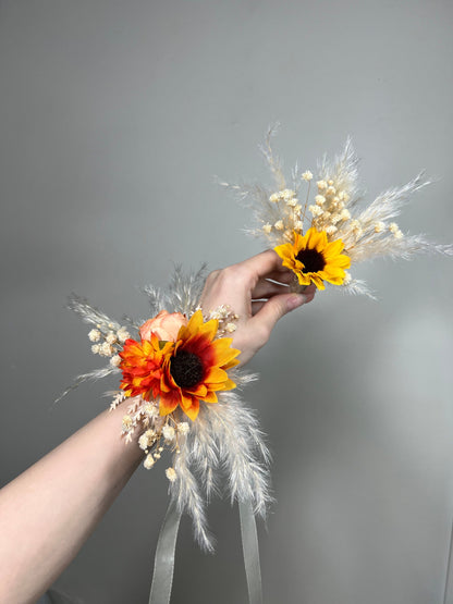 Sunflower Corsage Wedding Wrist Corsage Sunflower Bridesmaids Corsage Burnt Orange Corsage Terracotta Sunflower Artifitical Flower