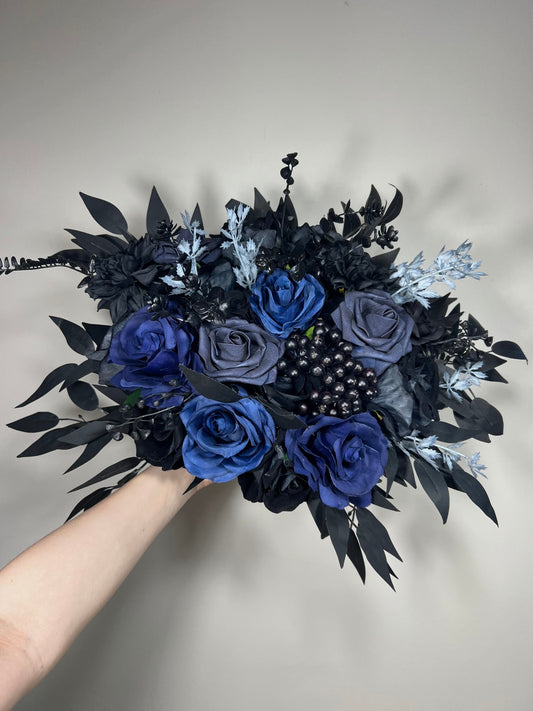 Black Blue Bouquet Wedding Bridal Black Navy Blue Gothic Bouquet Black Bridesmaids Bouquet Black Dark Blue Artificial Flower