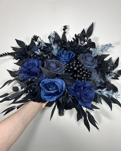 Black Blue Bouquet Wedding Bridal Black Navy Blue Gothic Bouquet Black Bridesmaids Bouquet Black Dark Blue Artificial Flower