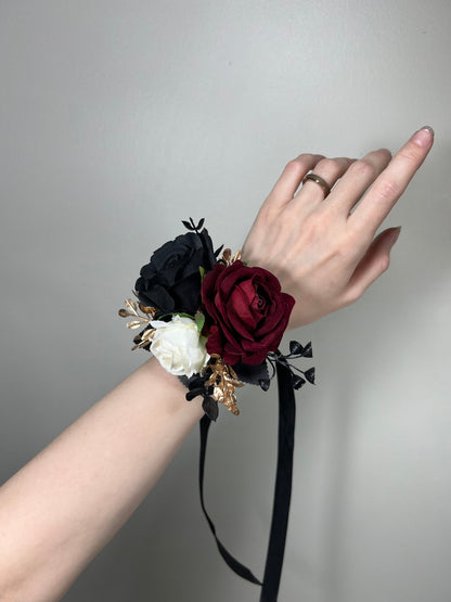 Black Corsage White Wedding Gothic Wrist Corsage Burgundy Bridesmaids Corsage Mom Black Corsage Burgundy Gold Accessories Artiticial Flower