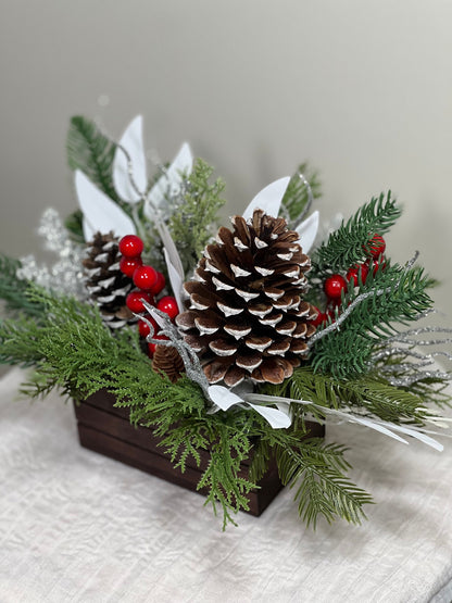 Christmas Centerpiece Decor Table Christmas Centerpiece Wedding Table Centerpiece Silver Pine Cone with Wood Box Winter Gift Christmas