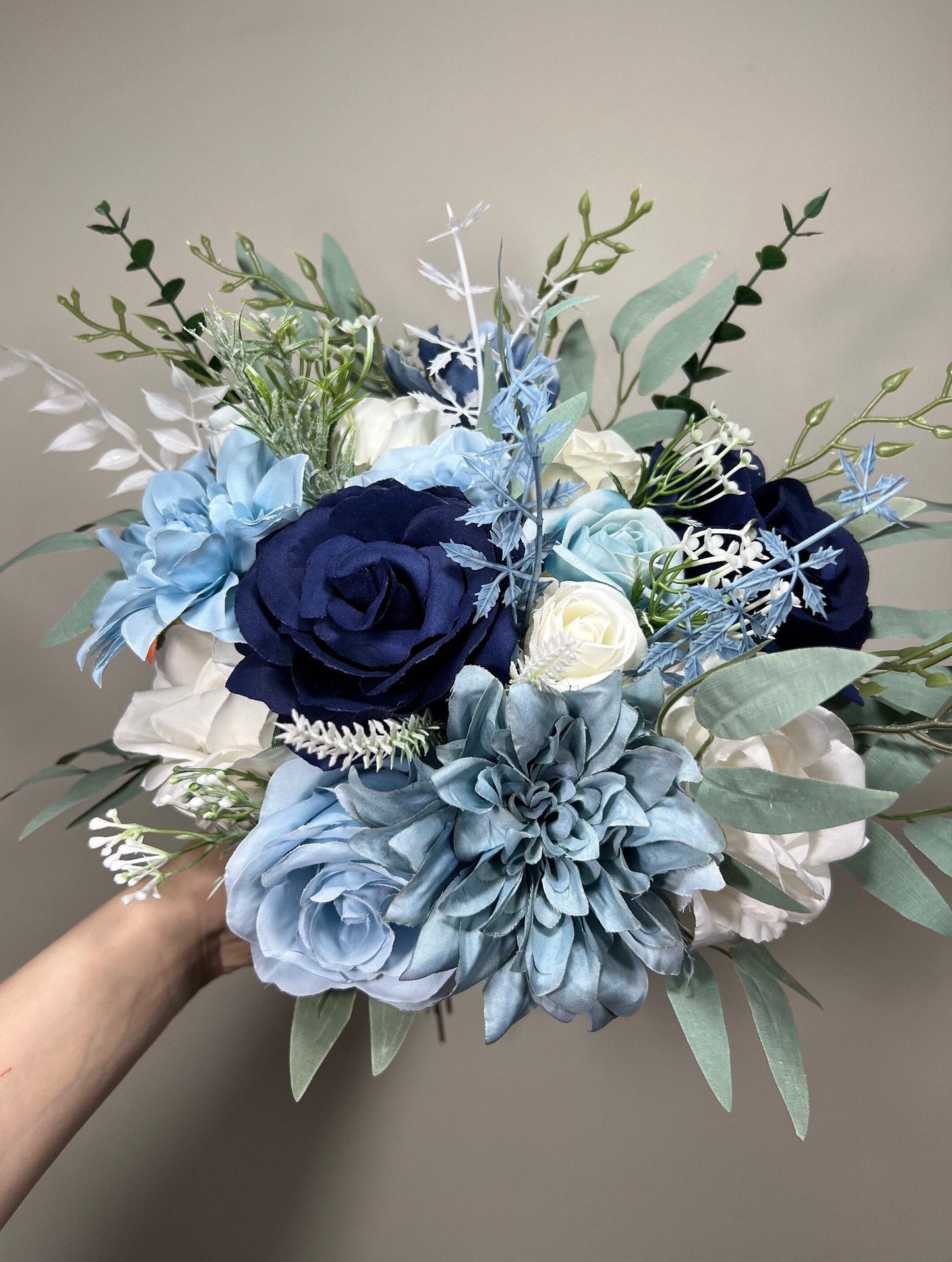 Blue Bouquet Wedding Bridal Bouquet Navy Blue White Bouquet Ivory Bridesmaids Dusty Blue Bouquet Royal Blue Navy Artificial Flower