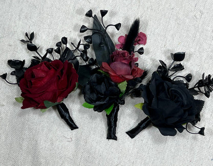 Black Burgundy Boutonniere Groom Black Boutonnières Burgundy Black Groomsmen Gothic Artificial Flowers Boutonnière Halloween Boutonniere