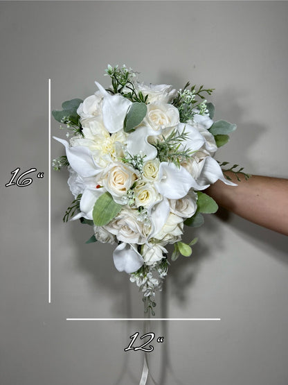 White Cascade Bouquet Bridal Ivory Bouquet Casacding Calla Lily Bouquet Greenery Calla Lily Bridesmaids White Bouquet Artificial Flowers