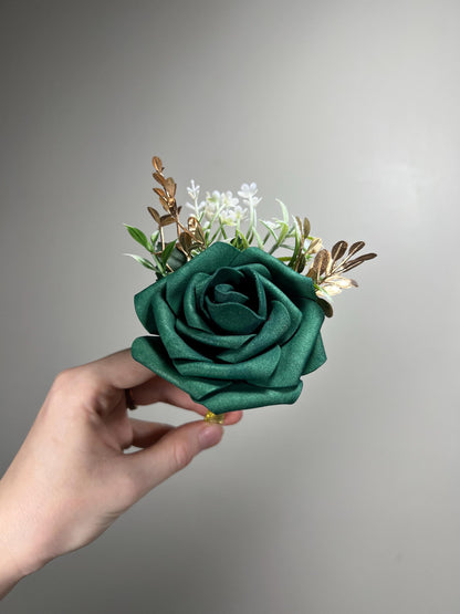 Emerald Green Corsage Wedding Green Gold Corsage Hunter Green Wrist Corsage Bridesmaids Forest Green Gold Corsage Prom Artificial Flower